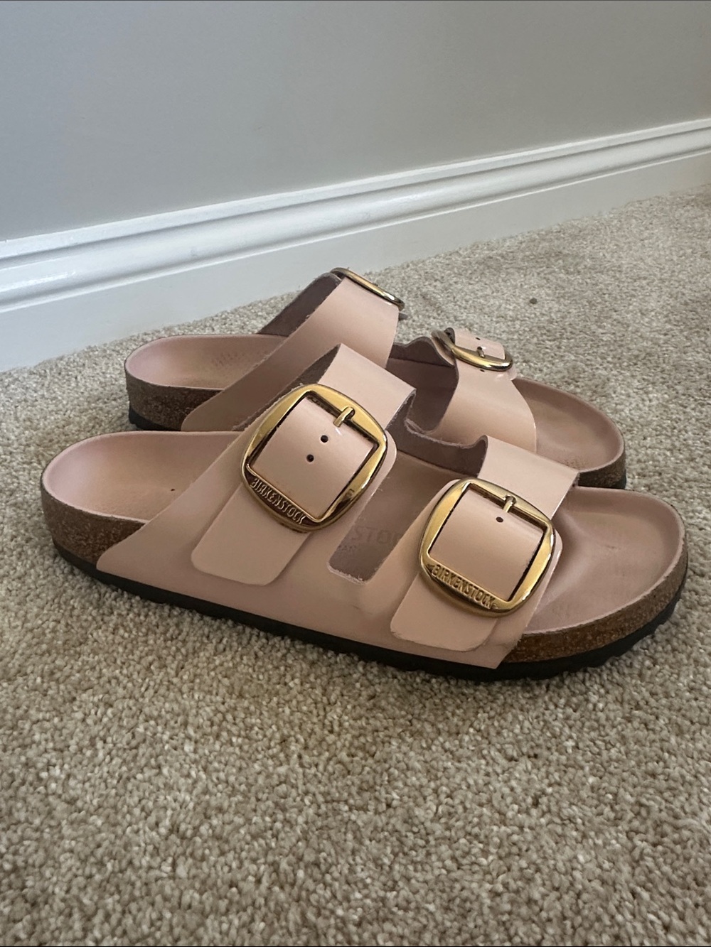 Birkenstock Big Buckle Arizona Blush Pink Leather Slide Sandals w/ Gold Buckles